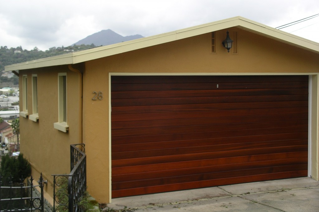 Sikkens Cetol on new garage door. Stucco: C2 exterior paint. San Rafael, CA. Marshall Johnson Painting.